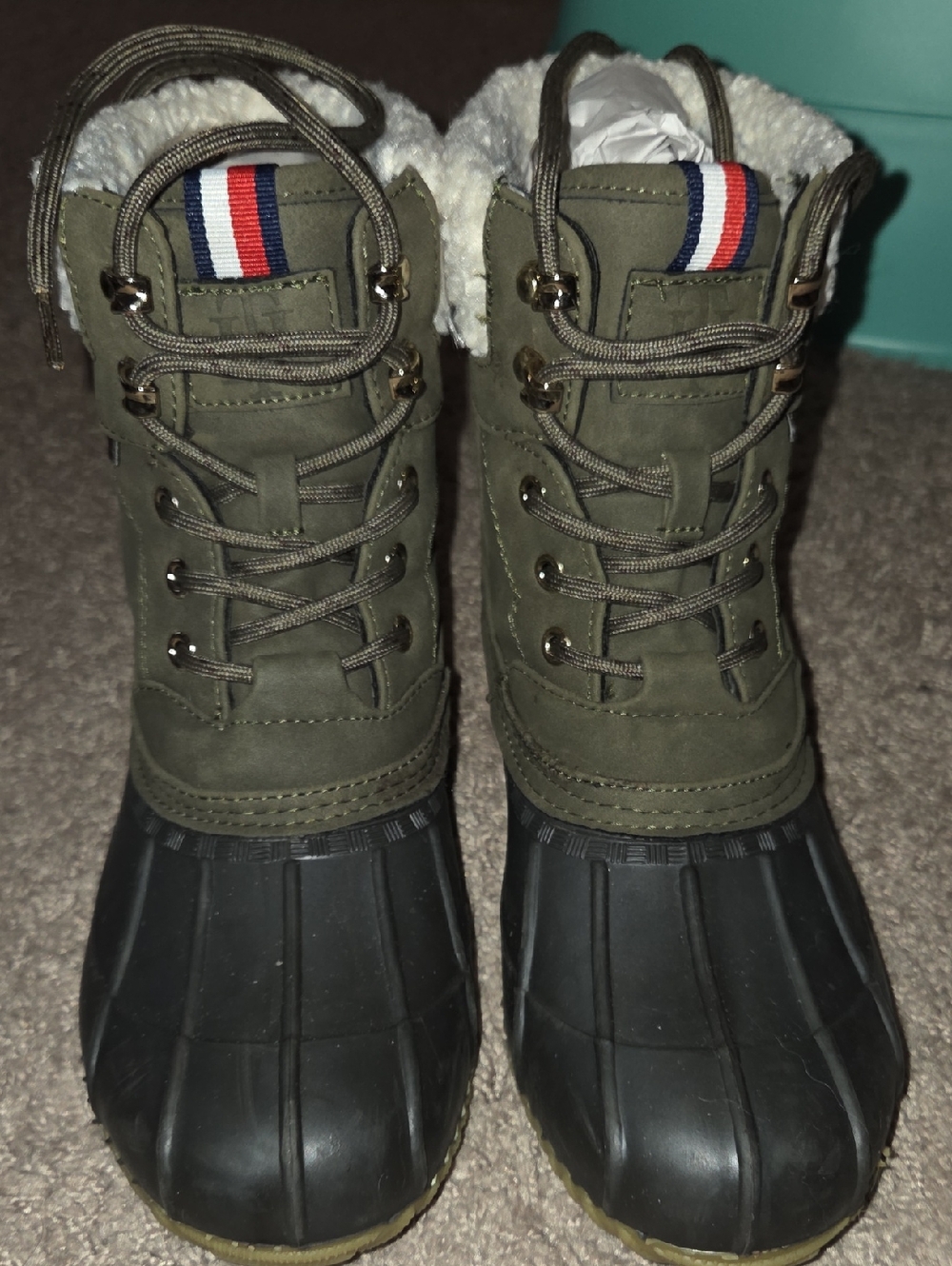 Olive Green Winter Duck Boots with Faux Fur Lining